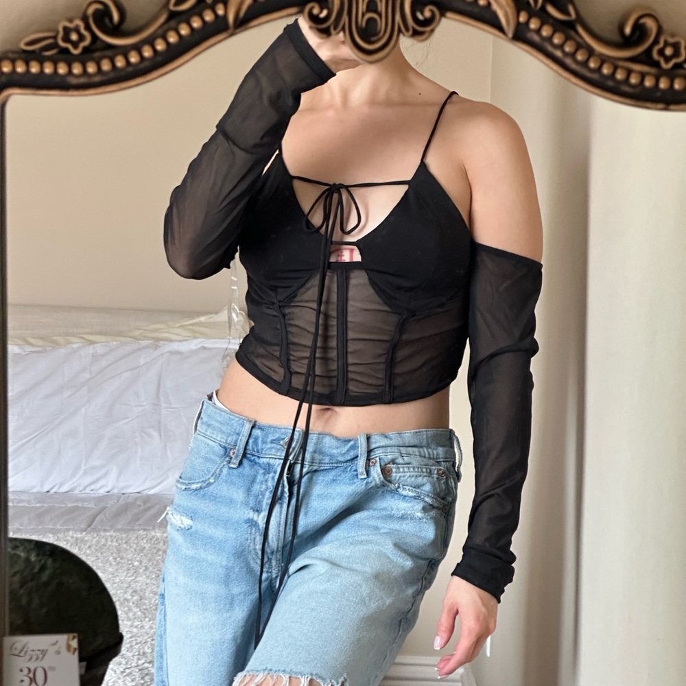 Black Sheer Sleeve Crop Top